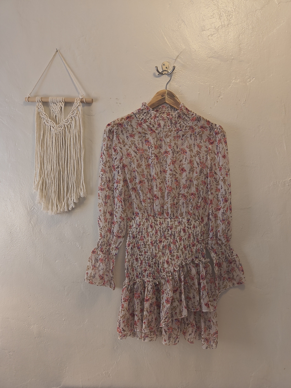 Floral Smocked Waist Long-Sleeve Mini Dress - Pink/Cream - Picture 1 of 7